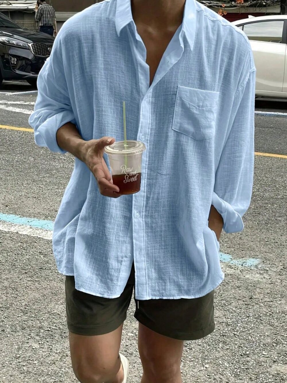 Blue Casual Men's Long Sleeve Pocket Loose Fit Shirt
